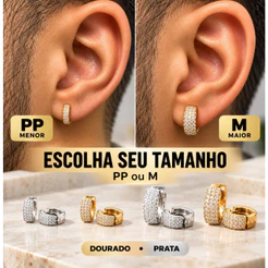 Brinco Argola Cravejada Masculina PP e M Dourado ou Prata Modelo Justo Rente à Orelha Brinco Ouro Brinco Prata