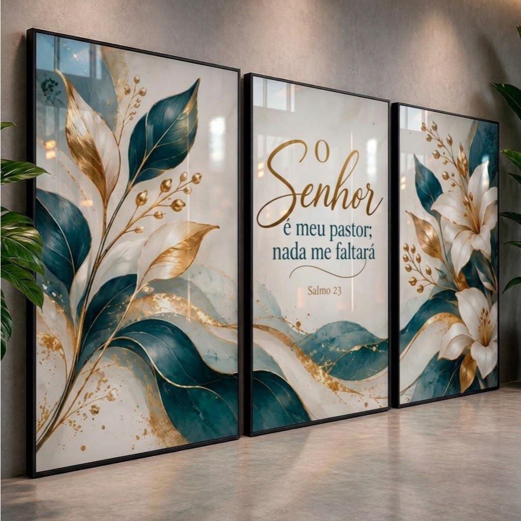 Kit 3 Quadros Flores Minimalista O Senhor é Meu Pastor Nada Me Faltará Salmo 23 para Sala de Estar Quarto