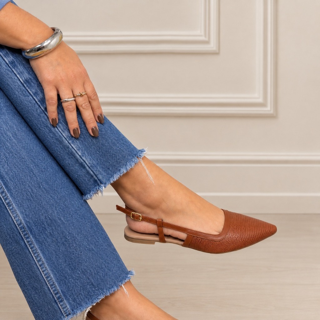 12162 Slingback feminino Bico Fino CARAMELO MARINHO versátil estiloso e confortável - 34 ao 40