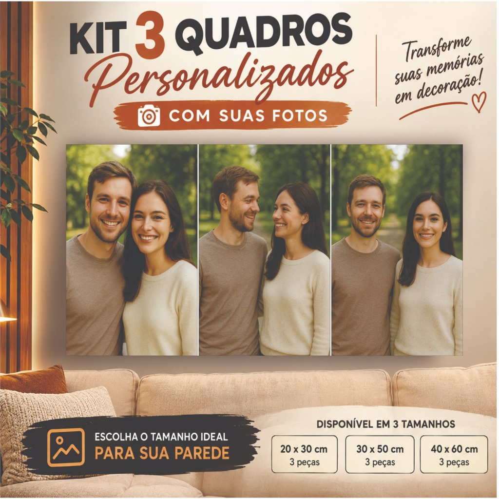 Quadro Decorativo 3 Peças com Foto Personalizada | Presente Criativo Casal, Namoro e Casamento
