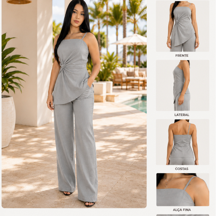 Conjunto Manuely  Marrant Alfaiataria Calça Pantalona e Blusa Assimétrica com Alça Fina