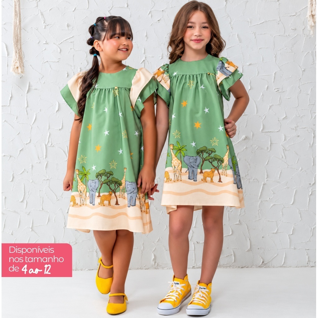 Vestido Infantil Estampado Colorido Menina Dia das Crianças De Manguinha Blogueirinha Tiktok