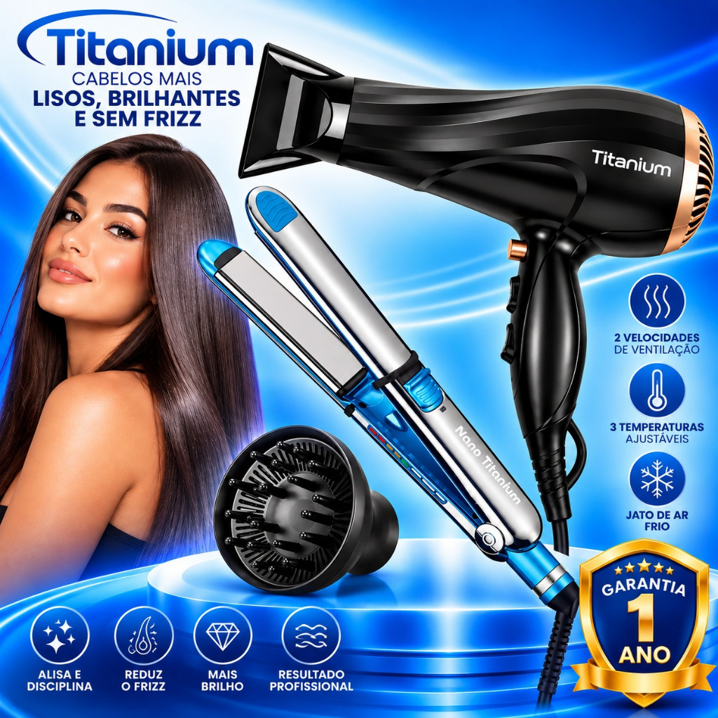 Prancha de Cabelo e Chapinha Super Nano Titanium Com Nota Fiscal Profissional 470F + Secador Titanium 2200W + Difusor