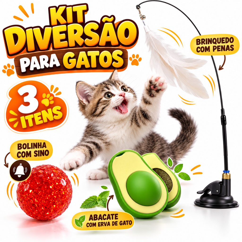 kit 3 Brinquedos para Gato Bolinha Sino Catnip Abacate Pena Interativo Varinha ventosa erva pet
