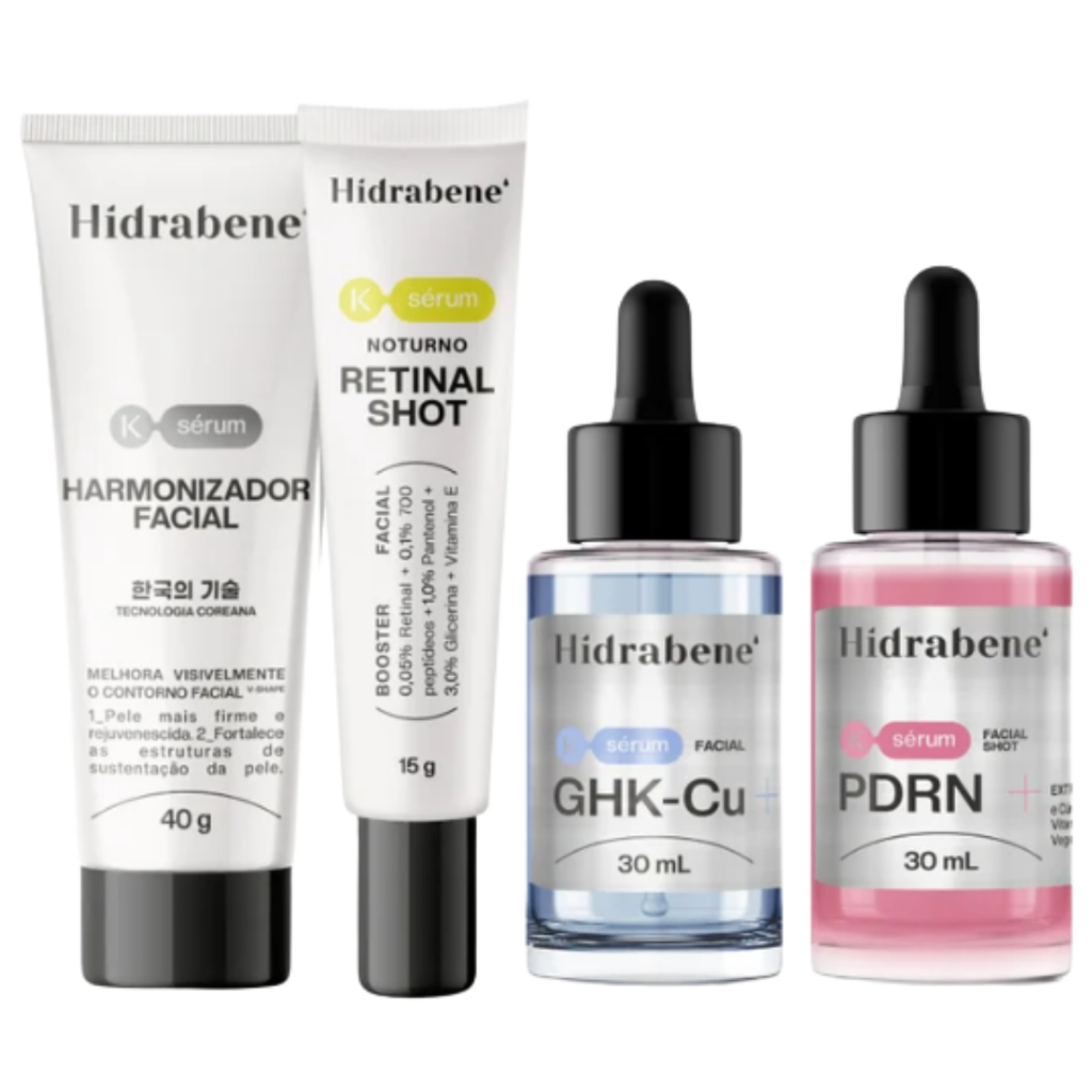 Kit Linha Coreana Hidrabene K-Sérum Harmonizador Facial + Retinal Shot + Sérum GHK-Cu + Sérum PDRN Skincare