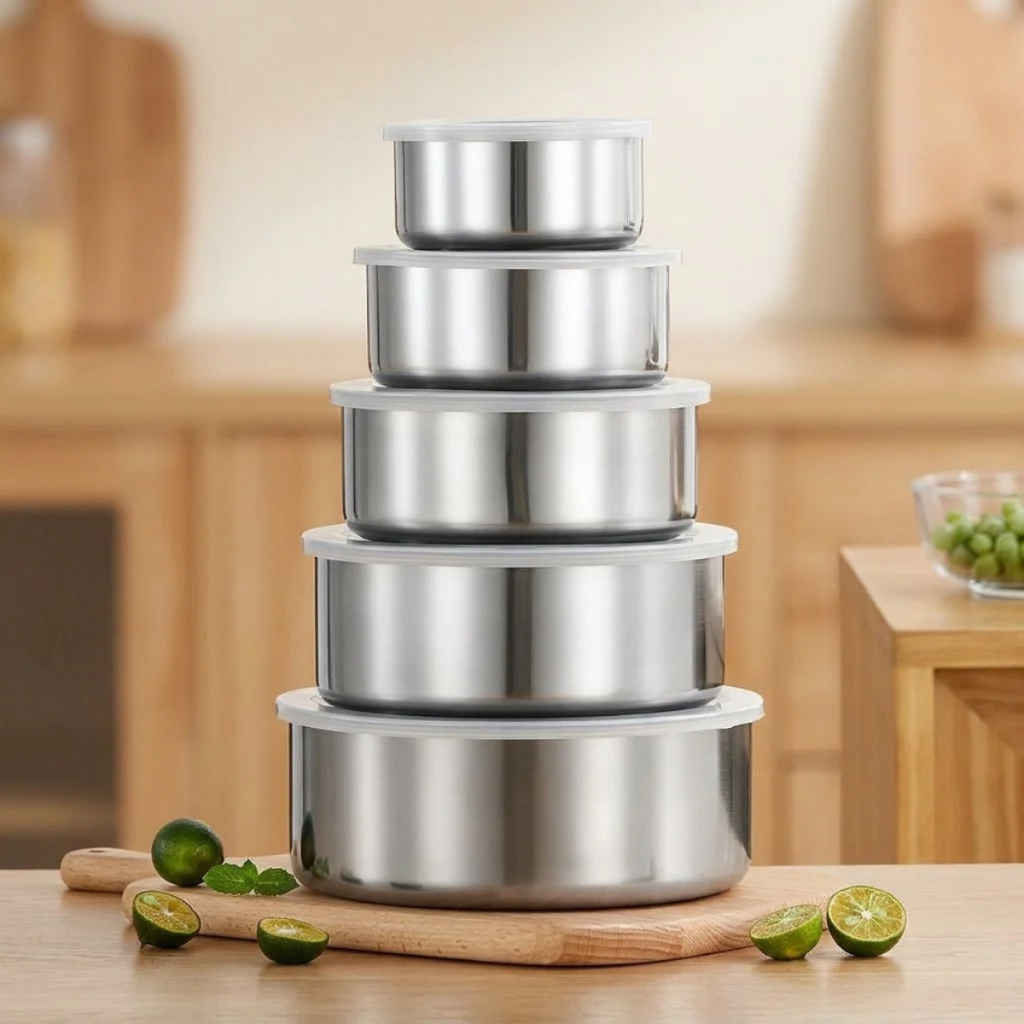Kit Jogo 5 Potes Tigelas Em Aço Inox Com Tampa Plástica Geladeira Mantimentos Organizador Cozinha