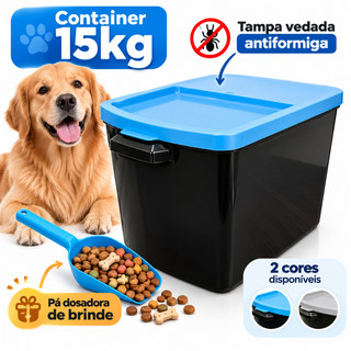 Container Porta Ração 15kg Pote Tampa Vedada Antiformiga + Pá Dosadora Pet Gato Cachorro