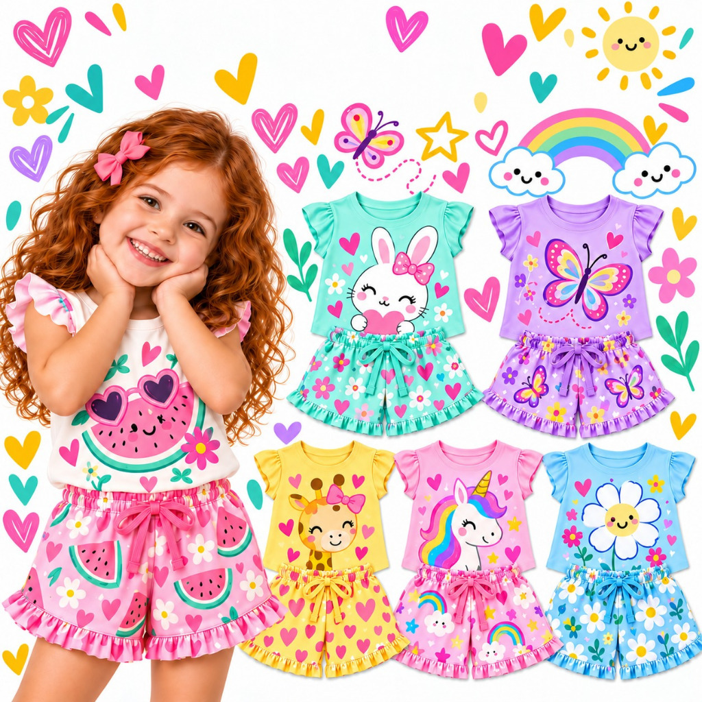 Kit Sortido 2 ou 6 peças Roupa Infantil Verão Menina Conjunto Infantil  Feminina Conjuntos de Bebê Menina Verão Infantil