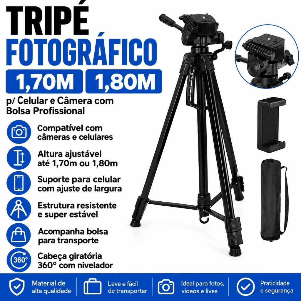 Tripé Fotográfico Profissional 1,70m ou 1,80m para Celular e Câmera com Cabeça 360°, Bolsa e Suporte