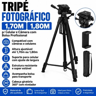 Tripé Fotográfico Profissional 1,70m ou 1,80m para Celular e Câmera com Cabeça 360°, Bolsa e Suporte