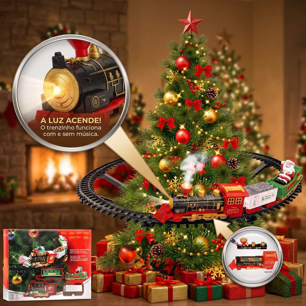 Trem de Natal Elétrico Locomotiva com Luz e Som para Árvore Trilho Circular 89cm Decoração Natalina
