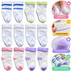 Kit 12 (06 e 03) Pares Meias Bebê Recém Nascido Baby Infantil Menino Menina (0-12 meses RN)