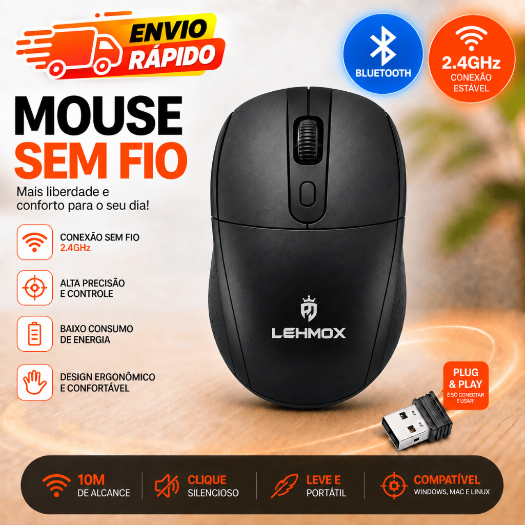 Mouse Sem fio 2.4G/BT Wireless Com Bateria Recarregável Tipo-C Silencioso Bluetooth Home Office