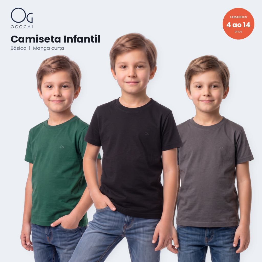 Camiseta Basica Ogochi Infantil Menino Criança Algodao Manga Curta Gola Redonda