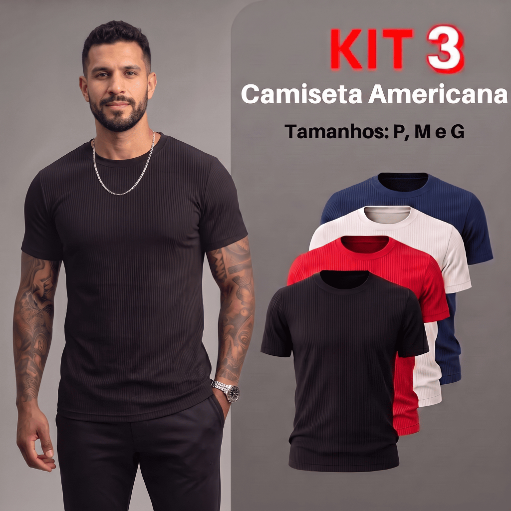 Kit 3 Camiseta Americana Masculina Canelada Slim Fit Básica Ribana Estilo Premium Academia Gringa Modeladora