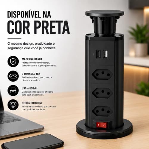 Extensão Retrátil 3 Tomadas Padrão + 2 USB Embutir Mesa Escritório Bancada