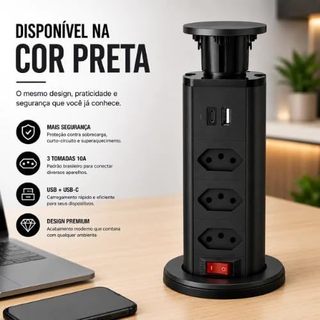 Extensão Retrátil 3 Tomadas Padrão + 2 USB Embutir Mesa Escritório Bancada