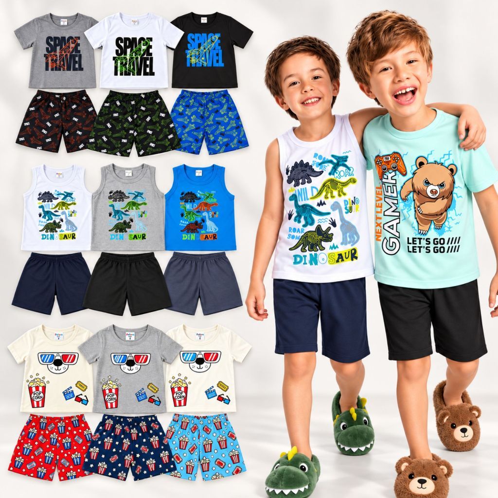 Kit 2 ou 4 Pijama Infantil Masculino Verão Calor Estampas Sortidas Camisa Fresquinha + Bermuda 1 a 14 Anos