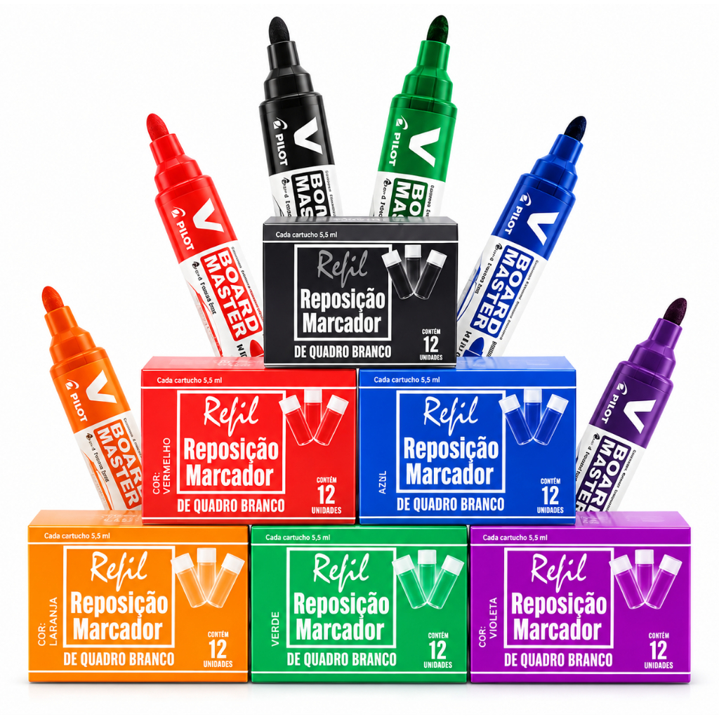 Kit 72 Recargas para marcador de lousa  E 6 Pincéis Pilot Board Master Para Quadro Branco