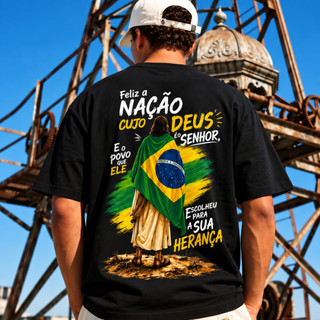 Camiseta Masculina Gospel Deus é o Senhor Brasil Fé Cristã Estampada Preta Streetwear