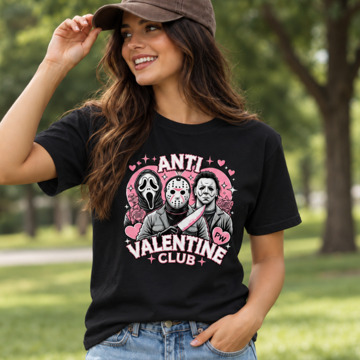 Camiseta Estampada Halloween Anti Valentine Club Personagens Terror 100% Algodão Camiseta Unissex