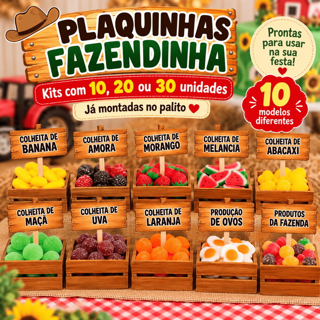 Plaquinhas Fazendinha com Palito Kit 10 20 ou 30 un para Mesa de Doces Festa Infantil