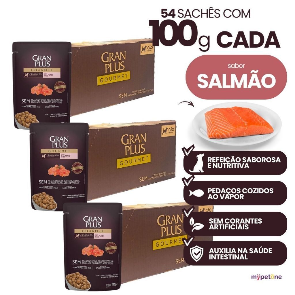 Ração Úmida Sachê Granplus Salmão Cães Adultos Caixa 100g Com 18, 32, 54 Ou 72