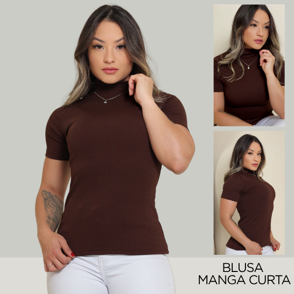 Blusa Feminina Gola Alta Canelada T-shirt Estilosa Manga Curta Basica Casual Moda Premium
