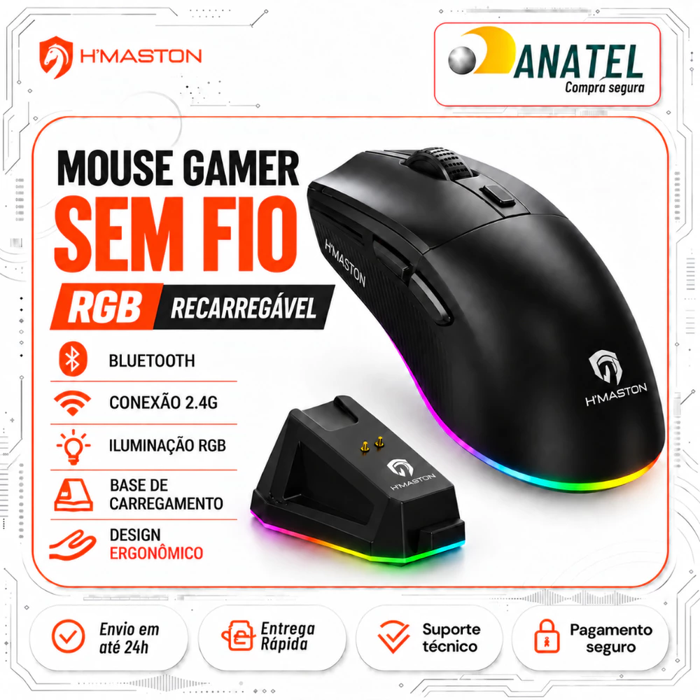 Mouse Gamer Wireless Fire Phoenix PAW3311/H’Maston MS15 RGB 24000 DPI Tri Mode Bluetooth 2.4G Com Fio Sensor Recarregáve
