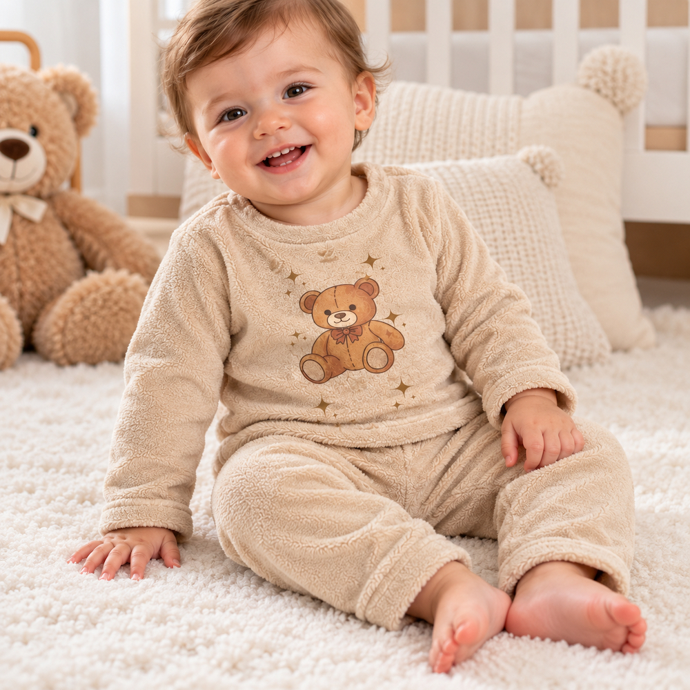 Conjunto Bebê Inverno Fleece Peluciado Blusa e Calça Ursinho Infantil Quentinho Macio Pijama Frio