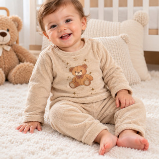 Conjunto Bebê Inverno Fleece Peluciado Blusa e Calça Ursinho Infantil Quentinho Macio Pijama Frio