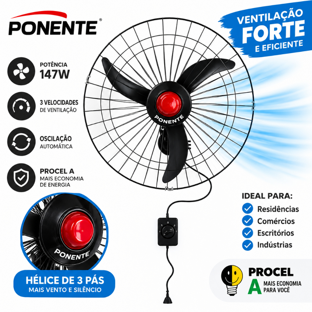 Ventilador de Parede 60cm 147W Procel A Super Econômico Oscilante 3 Velocidades Ponente Good