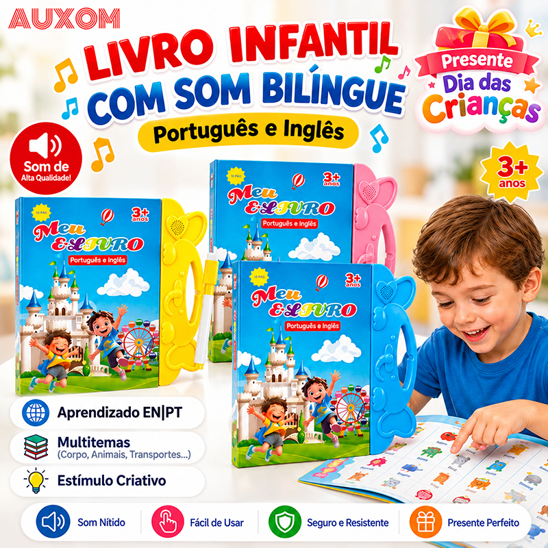 AUXOM Livro Interativo Infantil com Som Bilíngue Português Inglês Multi Temas Educativo Presente Dia das Crianças