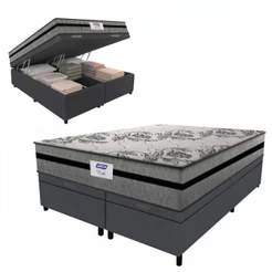 Cama Box Baú Casal Queen Colchão Gazin Com Molas Ensacadas Rubi 158x198x73cm Suede Cinza/Preto