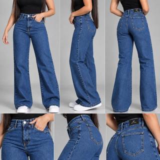 Calça Wide Leg Jeans Feminina Cintura Alta Marmorizada Boca Larga 100% Algodão