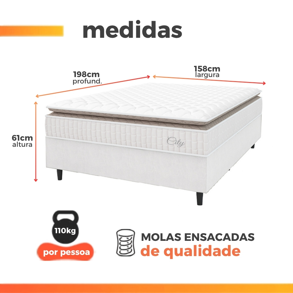Cama Box Colchão Casal Queen Molas Ensacadas City Pillow Top 158x198x61cm Linho Branco / Bege Hellen · foto 2