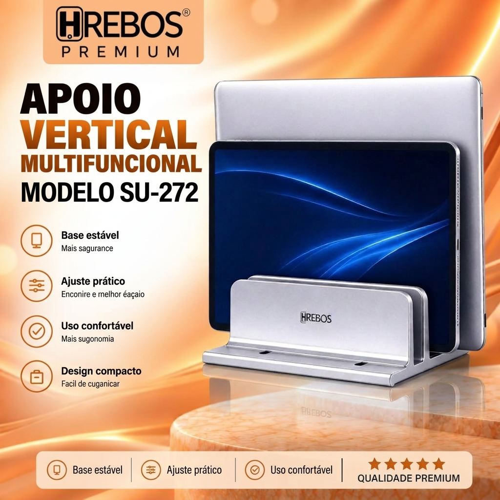 HREBOS Suporte Vertical de Alumínio para Notebook, MacBook, Tablet e Celular, Portátil, Resistente e Organizador de Mesa