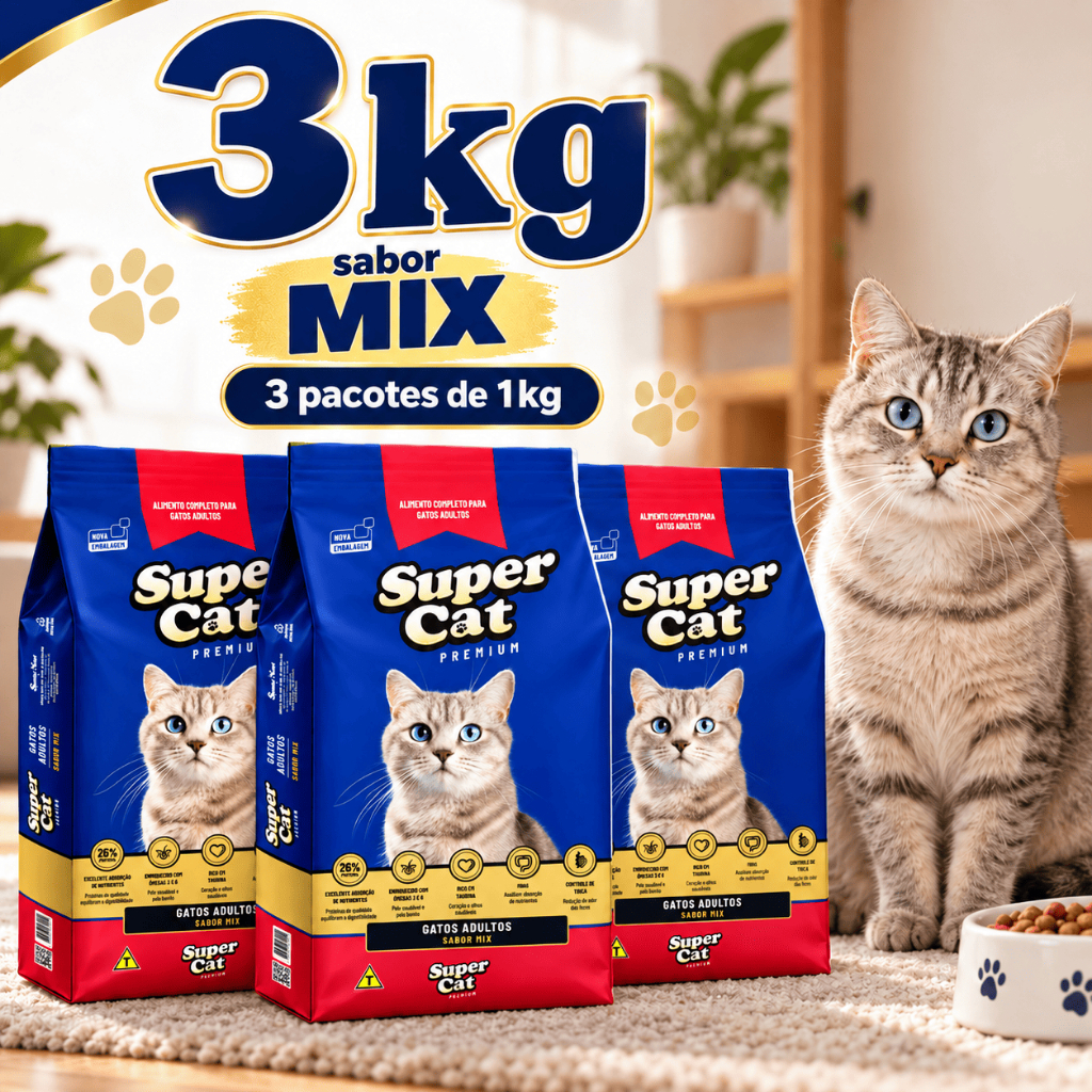 Kit 3x1kg Ração Gatos Adultos Super Cat Mix 3kg 26% Proteína com Taurina e Vitamina E