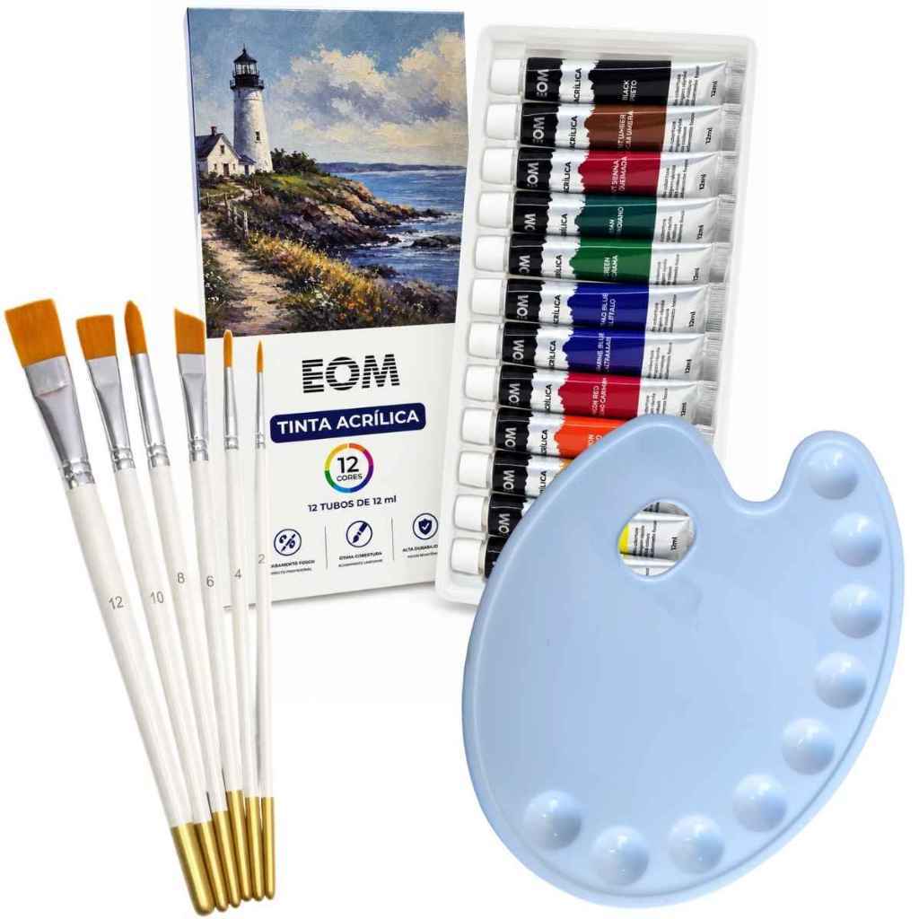 Kit Pinceis Redondos e Chanfrados 12 Tintas Acrilica e Godê 9 Cavidades Pintura