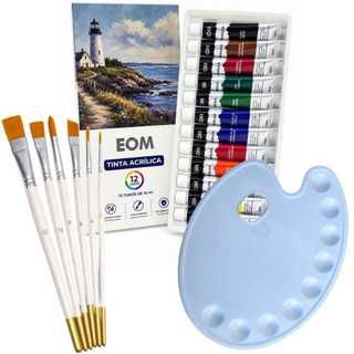 Kit Pinceis Redondos e Chanfrados 12 Tintas Acrilica e Godê 9 Cavidades Pintura