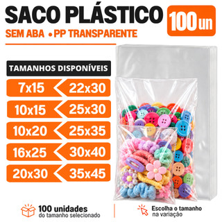 Saco Plástico Transparente 100un Sem Aba Variedades De Tamanho Polipropileno Resistente