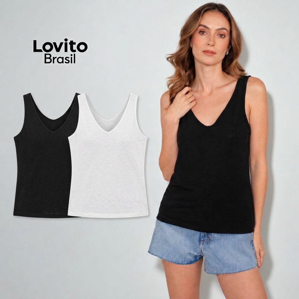 Lovito Kit 2 Regatas Casual Feminina Decote U e V Malha Flamê TKB22062236