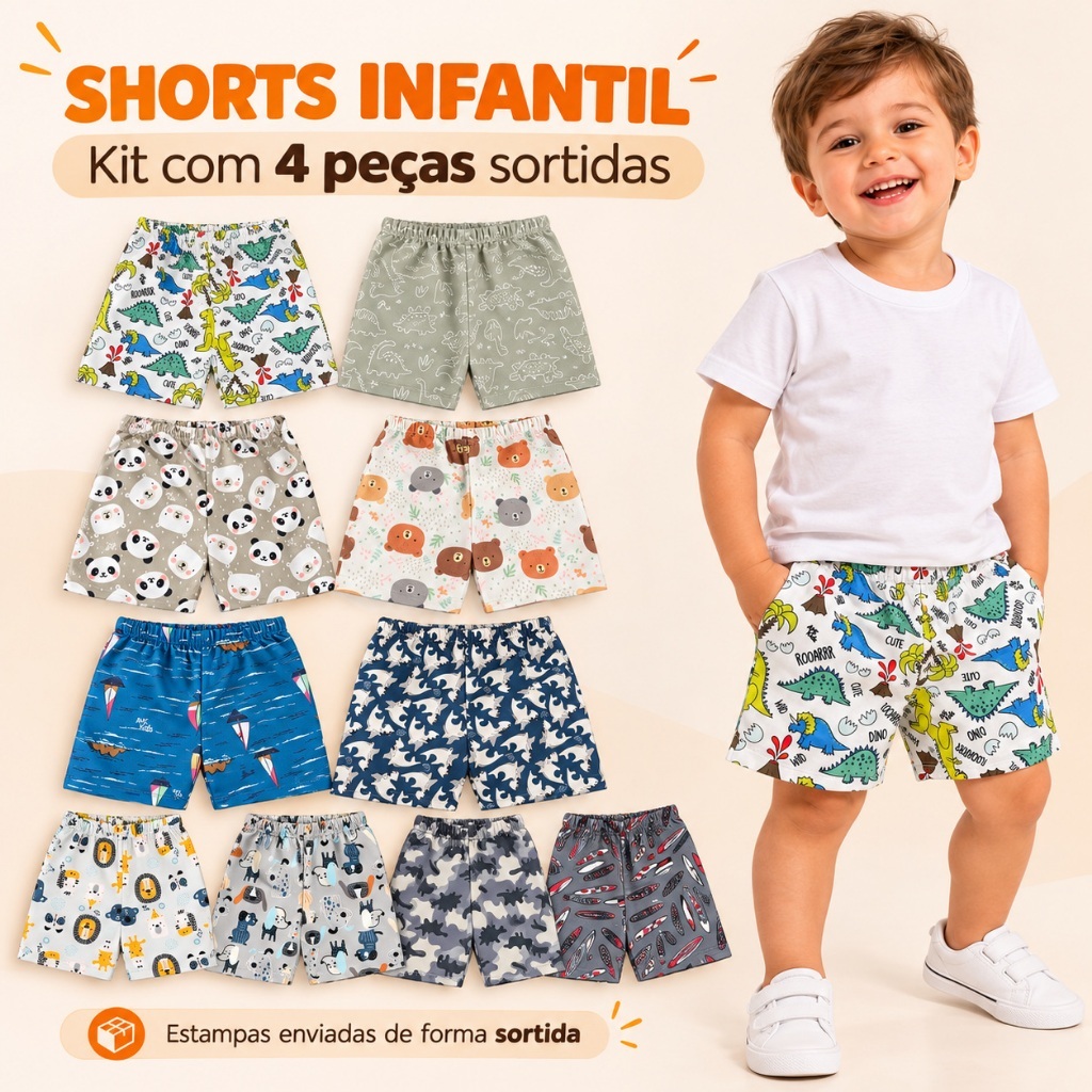 Kit 4 Shorts Infantil Tactel Menino Bermudas Estampadas Sortidas Cintura Elástica Confortável