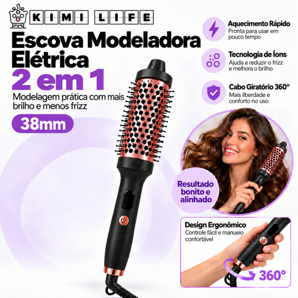 Escova Modeladora Quente 2 em 1 para Alisar e Pentear Cabelo