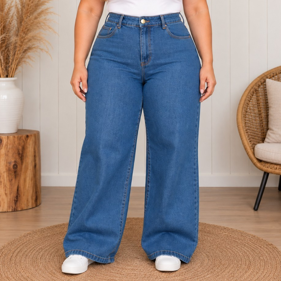 Calça Pantalona Jeans Plus Size Feminina Wide Leg Cintura Alta Larga do 46 ao 52