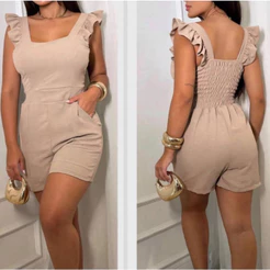 MACAQUINHO FEMENINO MACACÃO CURTO CASUAL DUNA VERÃO COM BOLSO MANGA BABADO LISO PROMOÇÃO