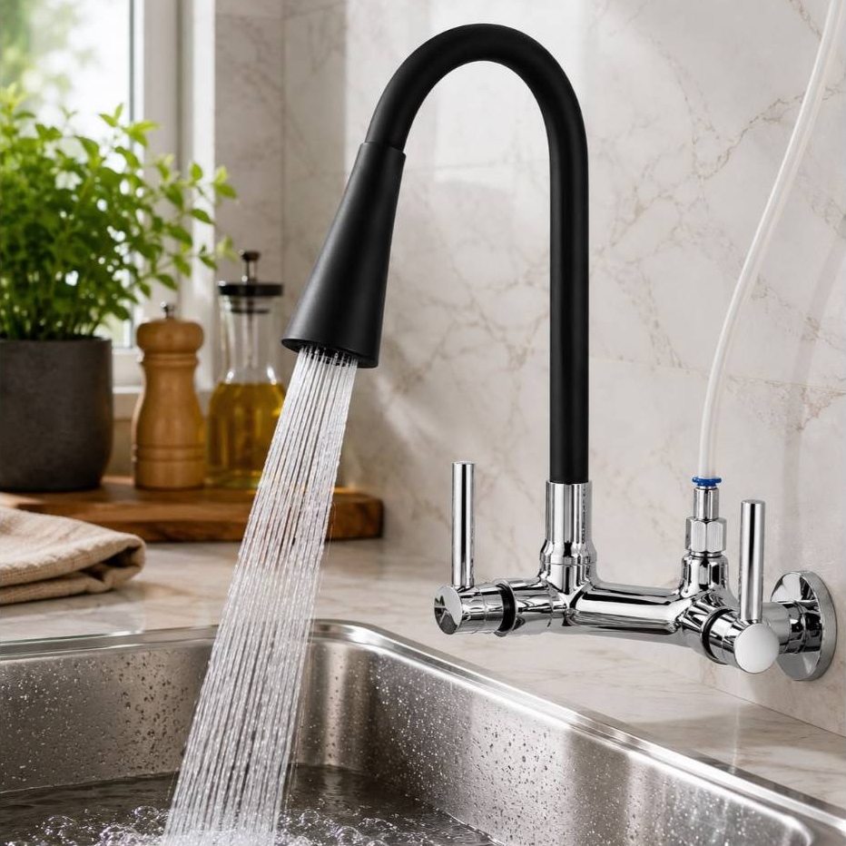 Torneira Cozinha Duas Saida Filtro Purificador Agua Gourmet parede lavatório tubo inox emborrachado base em abs cromada