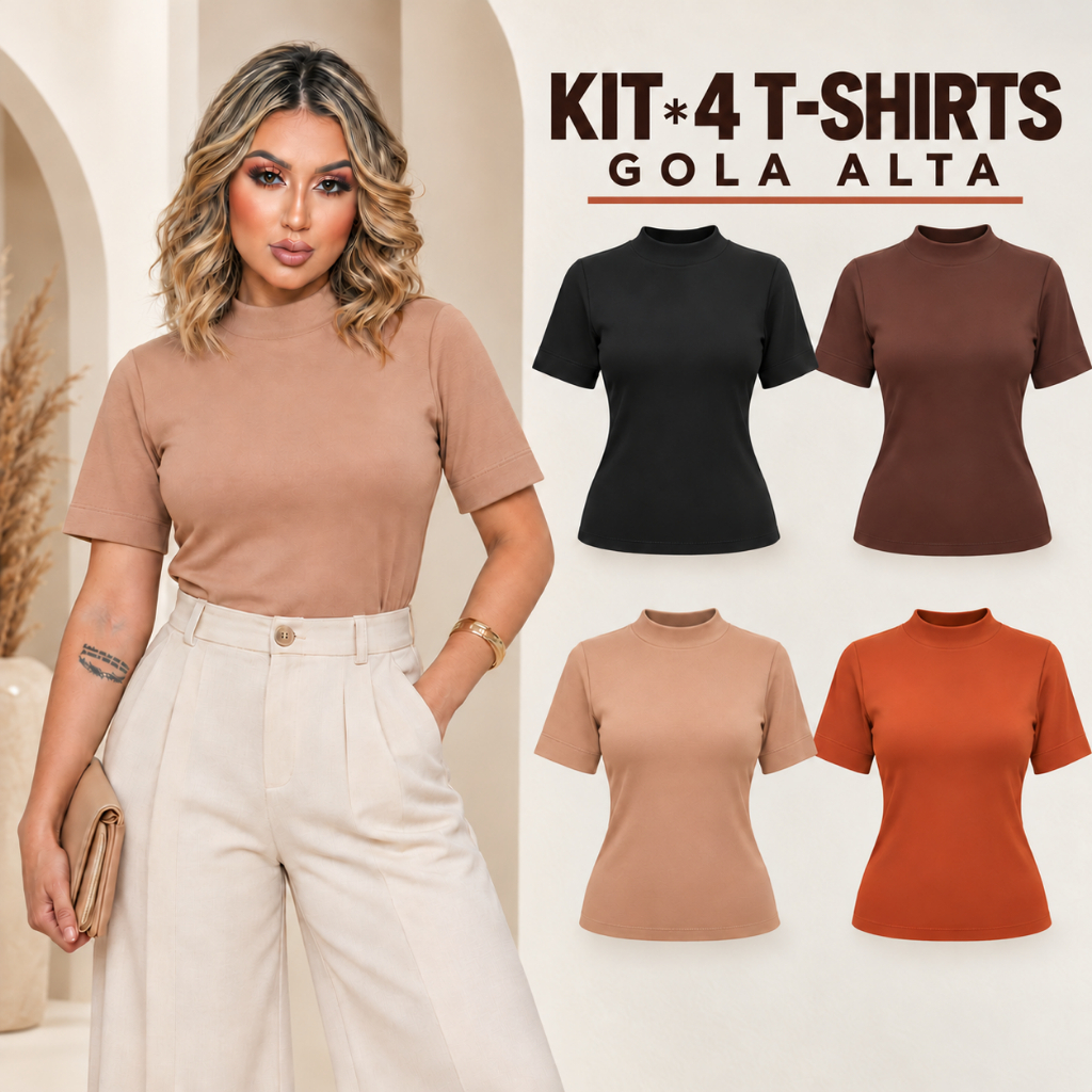 kit 4 Blusas Femininas Gola Alta Algodao Premiun T shirt Estilosa Camiseta Basica Lisa Elegante