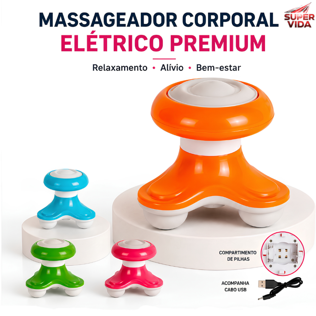 Mini Massageador Elétrico Portátil 3 Pontos USB e Pilhas para Pescoço Ombros Costas Corpo