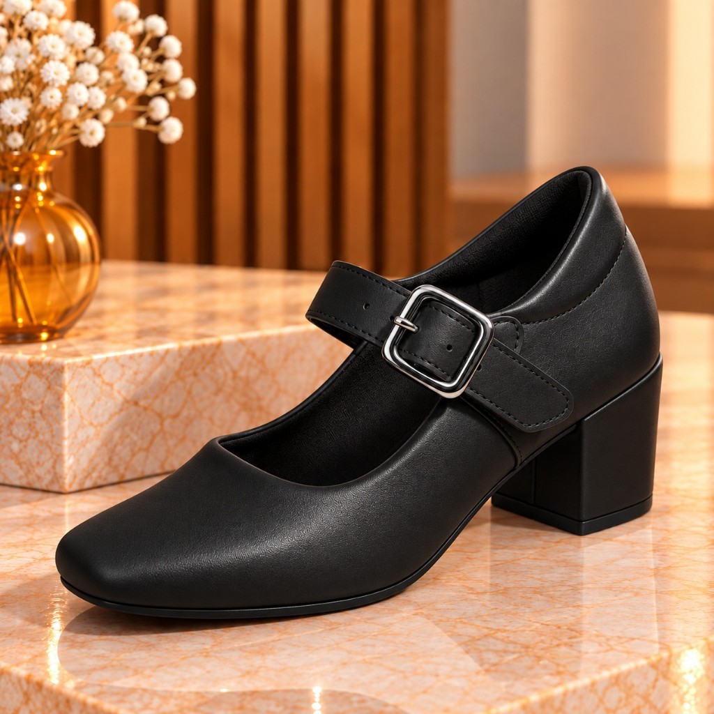 Sapato Feminino Mary Jane Salto Bloco Confortável Bico Quadrado Social Casual Elegante Dia a Dia Promoção
